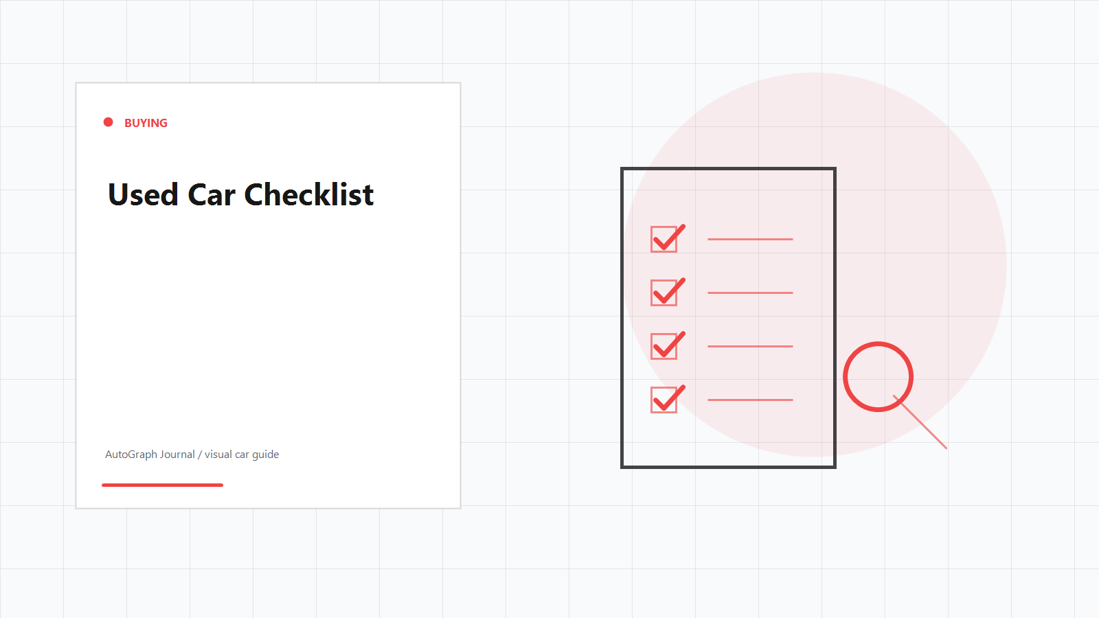 Used car buying checklist infographic with red inspection marks